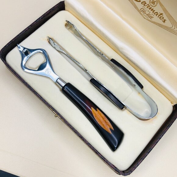 60s Glo Hill Barmates Bar Tools Box Set - Bottle Opener- Ice Tongs MCM Bakelite - Picture 2 of 13